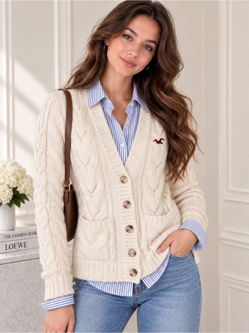 Hollister Cream Cable Knit Logo Button Front Cardigan Sweater Size S